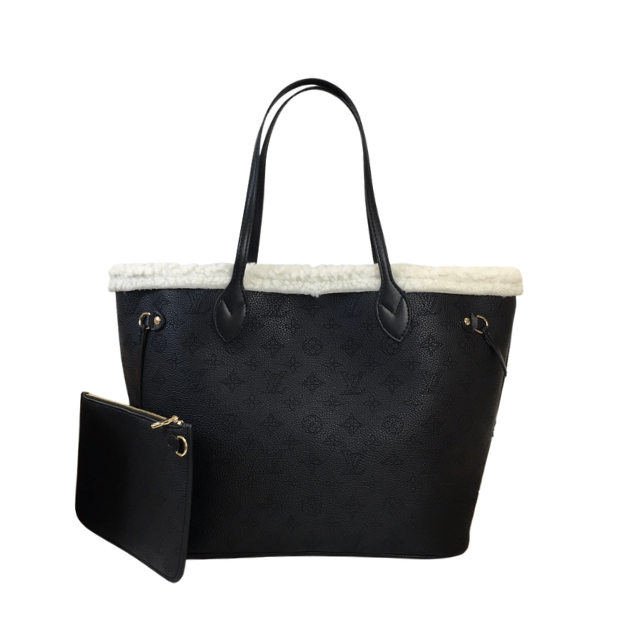 LOUIS VUITTON NEVERFULL MONOGRAM SHEARLING TRIM MM BLACK M56960 12.2 INCHES