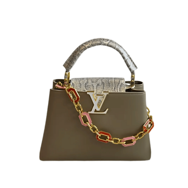 LOUIS VUITTON CAPUCINES TOP HANDLE BAG IN LUXURY TAUPE 10.6 INCHES