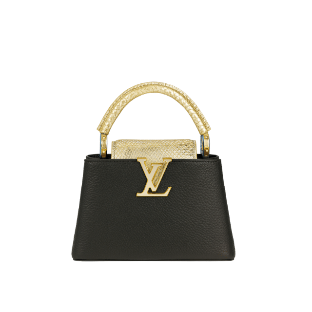 LOUIS VUITTON CAPUCINES MINI TAURILLON LEATHER WITH PYTHON HANDLE BLACK 8.3 INCHES