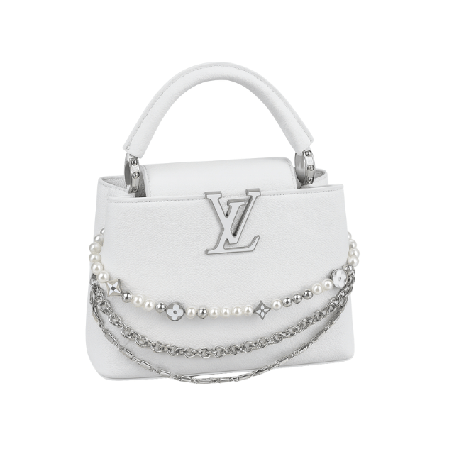 LOUIS VUITTON CAPUCINES BB WITH PEARL AND CHAIN WHITE 10.6 INCHES