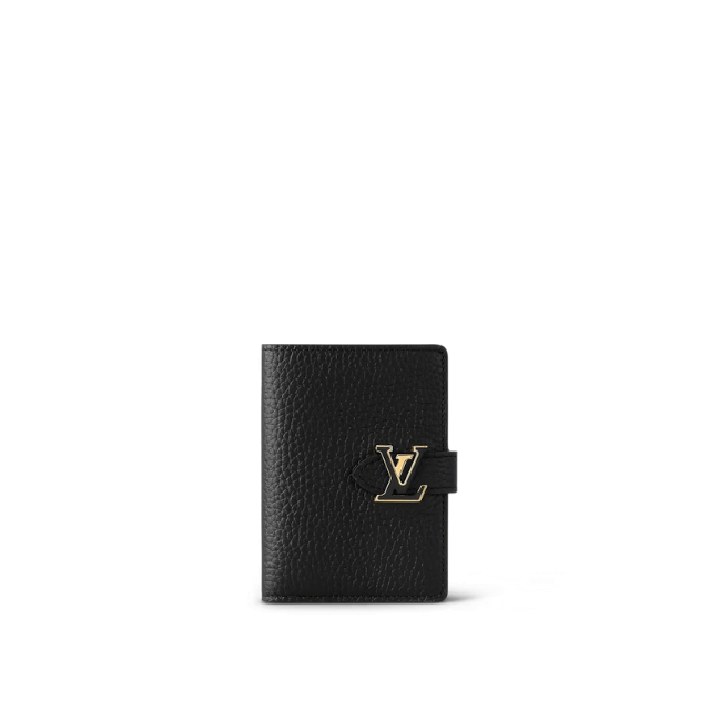 LOUIS VUITTON VERTICAL COMPACT WALLET CAPUCINES TAURILLON LEATHER BLACK / ARIZONA BEIGE 3.5 INCHES M82198