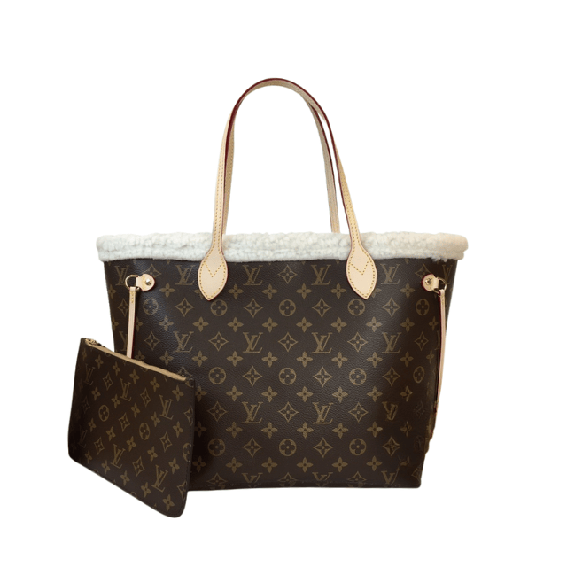 LOUIS VUITTON NEVERFULL MONOGRAM SHEARLING TRIM MM BROWN 12.2 INCHES M56960